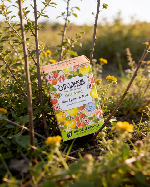 Organsia Yuzu Lychee & Mint carton in a wildflower meadow at golden hour