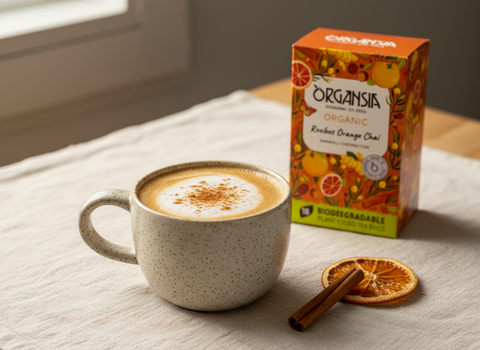Rooibos chai latte in a clay mug with Organsia Rooibos Orange Chai carton