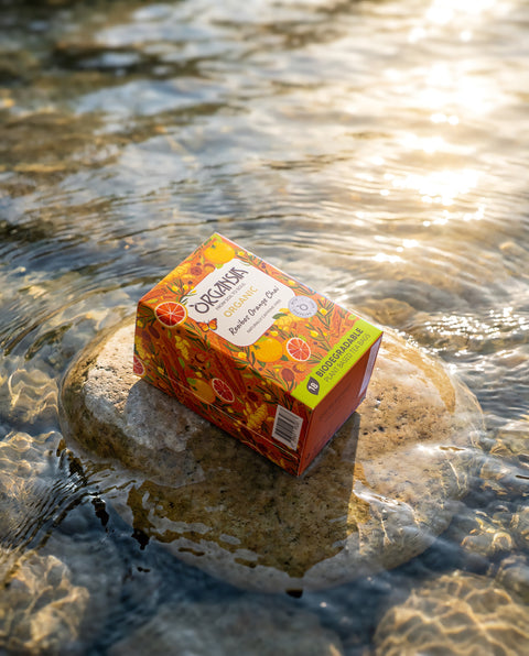 Organsia Rooibos Orange Chai carton on a river stone in a flowing stream