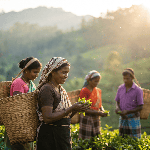 Four women in a lush green tea plantation, with the central woman holding fresh green tea leaves and wearing a patterned headscarf, while others carry large woven baskets on their backs.